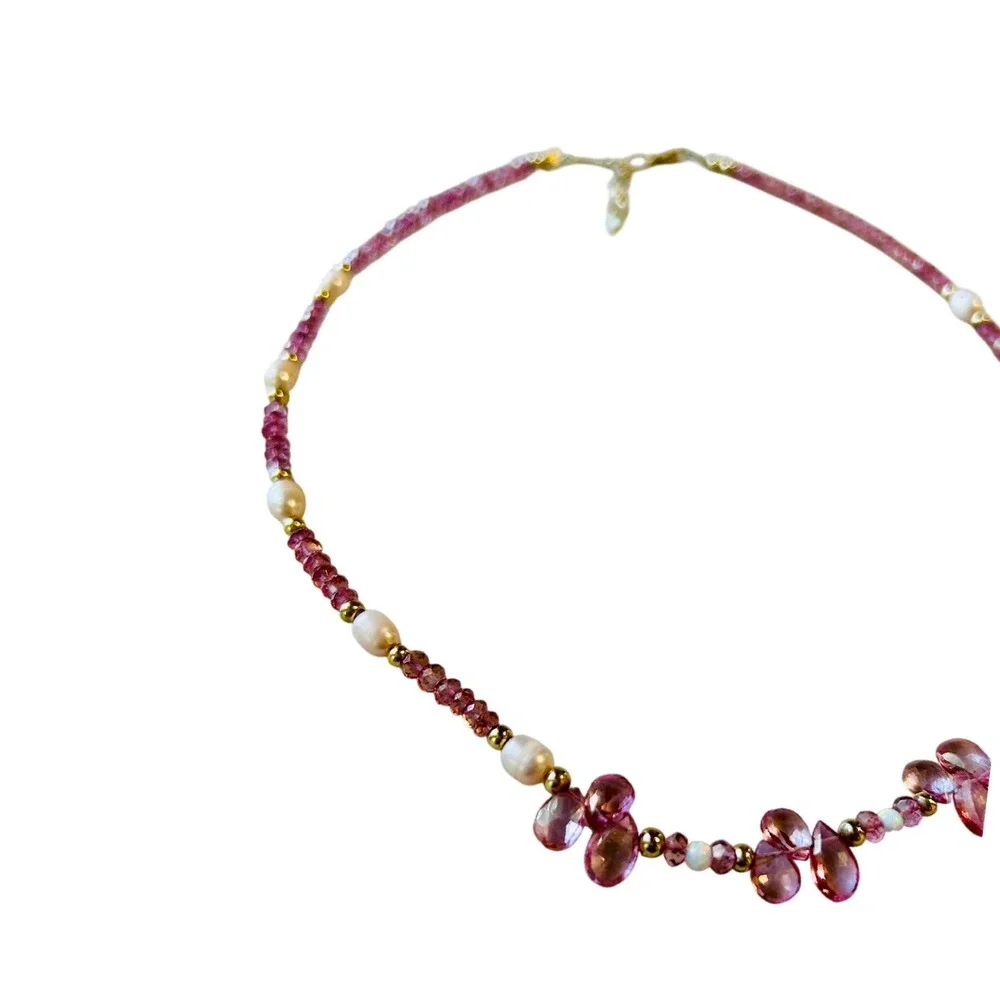 Beaded Necklace Pink Tourmaline Pearl Opal Gold- filled Clasp 16-18